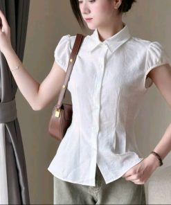 Áo- Sơ -Mi -Dáng- Vừa -Chiết- Eo -Trơn -Vải -Đũi