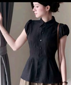 Áo- Sơ -Mi -Dáng- Vừa -Chiết- Eo -Trơn -Vải -Đũi
