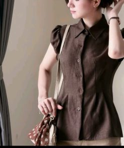Áo Sơ Mi Dáng Vừa Chiết Eo Trơn Vải Đũi