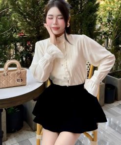 Áo- sơ -mi -nữ -tay -bồng- viền -bèo- phong -cách -tiểu -thư -cổ -điển