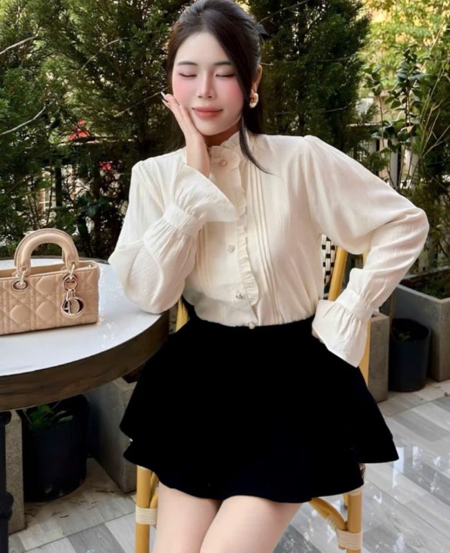 Áo- sơ -mi -nữ -tay -bồng- viền -bèo- phong -cách -tiểu -thư -cổ -điển