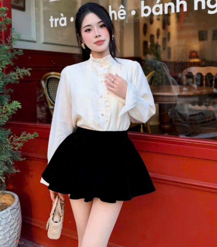 Áo- sơ -mi -nữ -tay -bồng- viền -bèo- phong -cách -tiểu -thư -cổ -điển