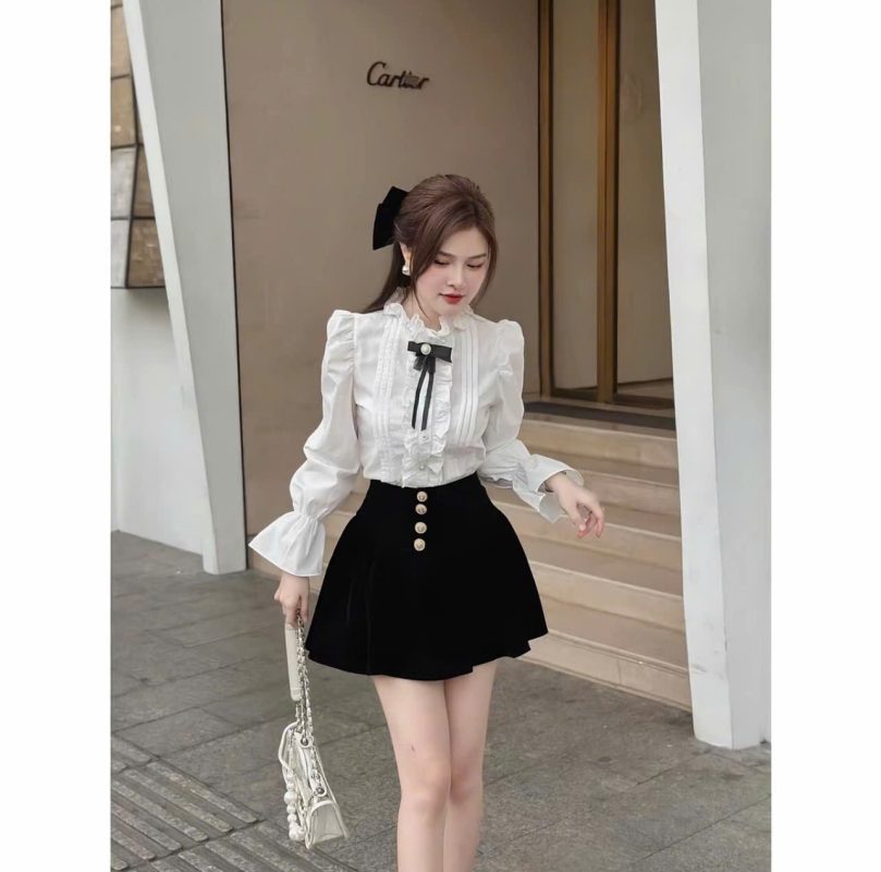 Áo -sơ -mi -nữ- cổ -bèo- áo- kiểu- nữ -tiểu- thư -sang- chảnh -phối- kèm -nơ- xinh -sang- trọng