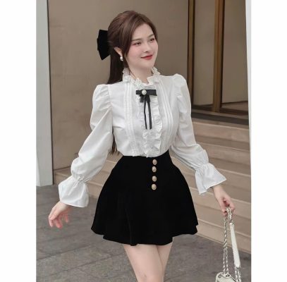 Áo -sơ -mi -nữ- cổ -bèo- áo- kiểu- nữ -tiểu- thư -sang- chảnh -phối- kèm -nơ- xinh -sang- trọng