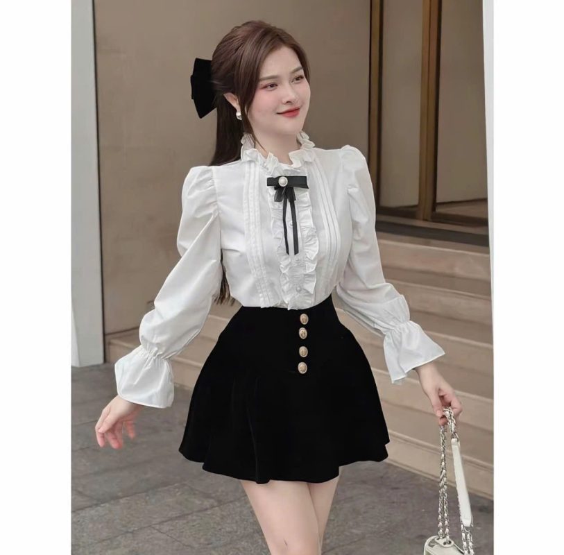 Áo -sơ -mi -nữ- cổ -bèo- áo- kiểu- nữ -tiểu- thư -sang- chảnh -phối- kèm -nơ- xinh -sang- trọng