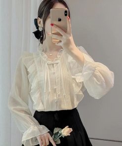 Áo- sơ -mi -nữ -tay -bồng- viền -bèo- phong -cách -tiểu -thư -cổ -điển